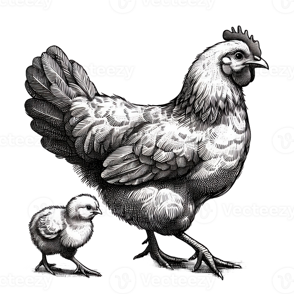 Mother Hen Guides Chick Etched png
