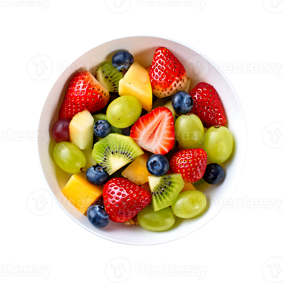 A vibrant healthy mixed fruit salad with berries grapes kiwi and melon in a bowl png