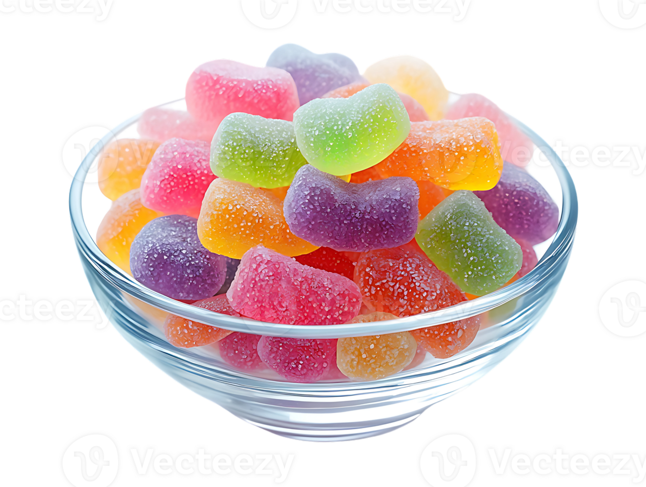Colorful Heart Shaped Gummy Candies Coated in Sugar Fill a Clear Glass Bowl a Sweet Treat png