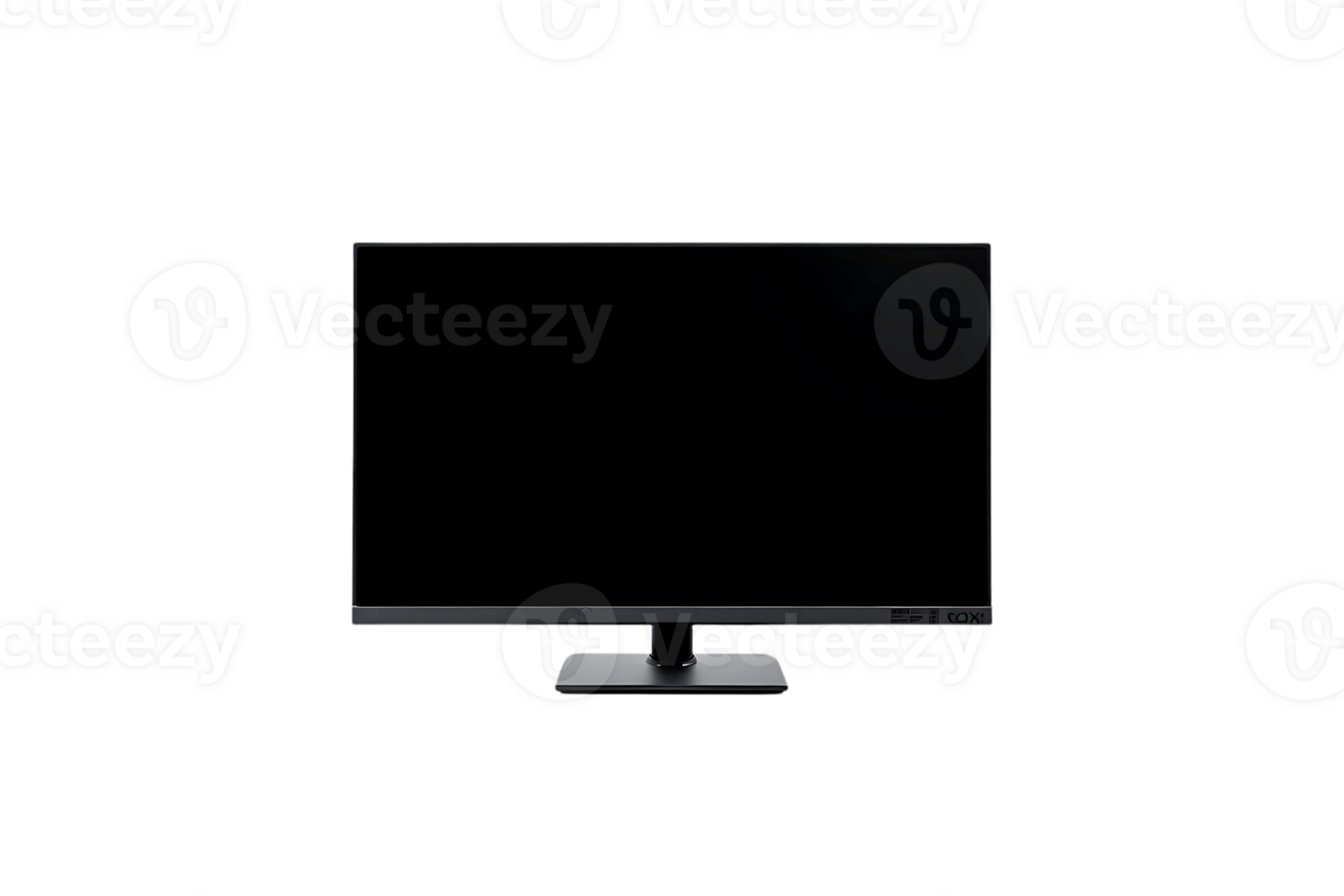 Standard black computer monitor with blank dark screen displayed front view isolated png