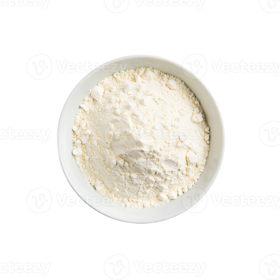 Top down view of a white bowl filled with fine white flour for baking or cooking png