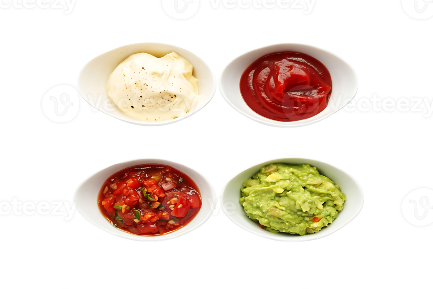 Four popular dipping sauces guacamole salsa ketchup and mayonnaise served in small white bowls png