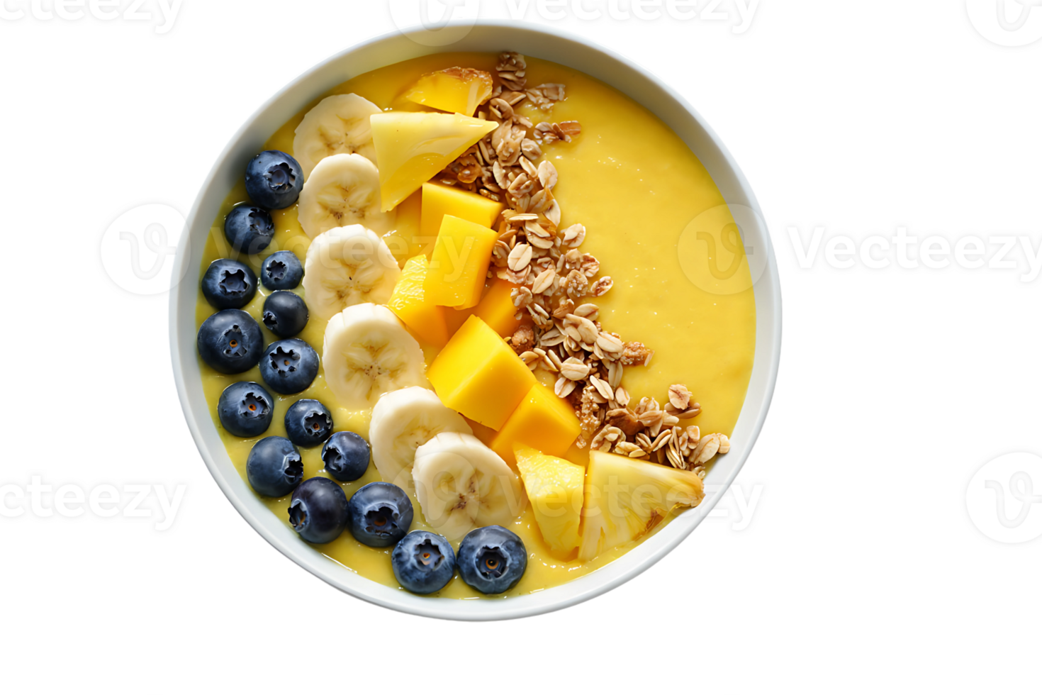 A vibrant yellow smoothie bowl beautifully arranged with fresh banana slices blueberries pineapple and granola png