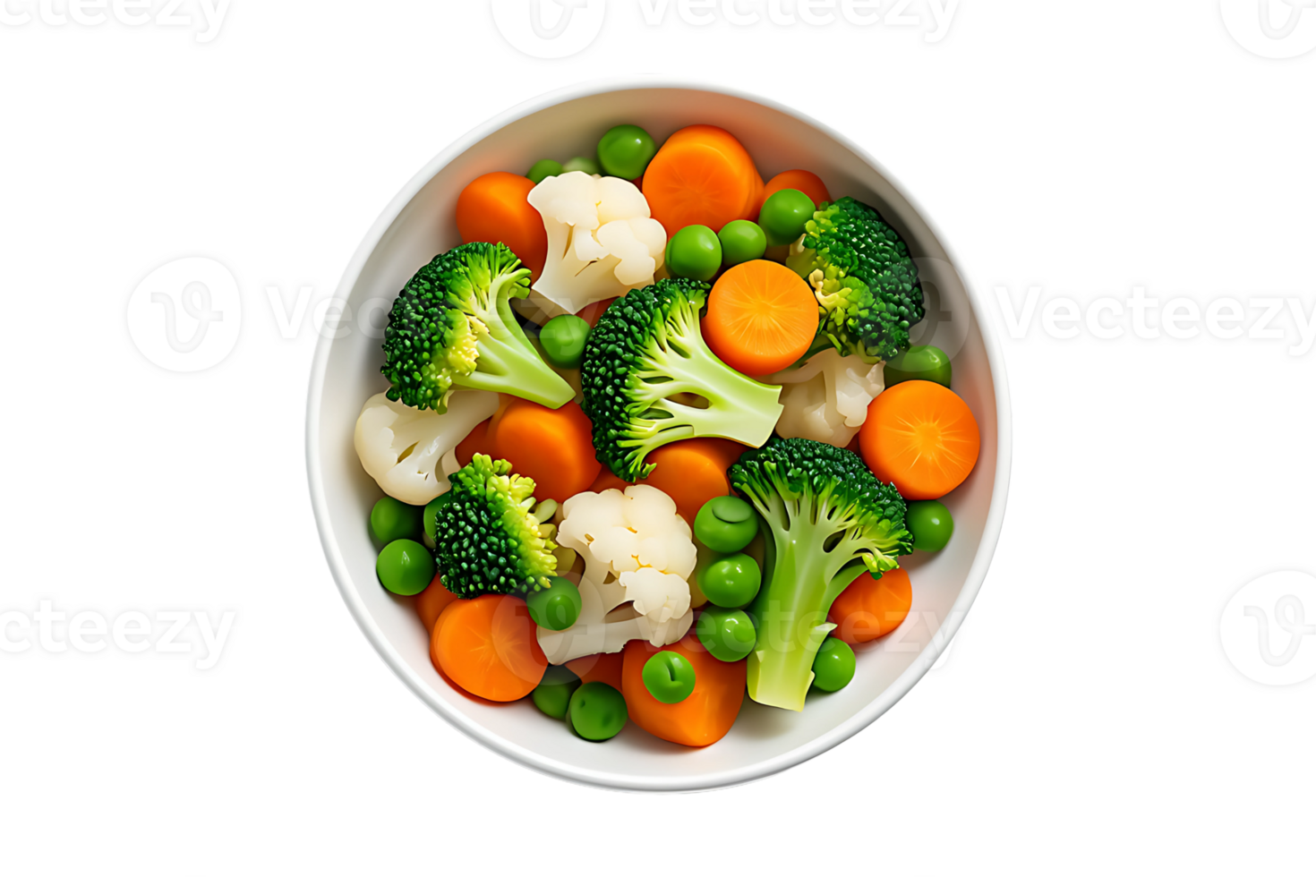 Healthy bowl of steamed mixed vegetables featuring broccoli cauliflower carrots and peas viewed from above png