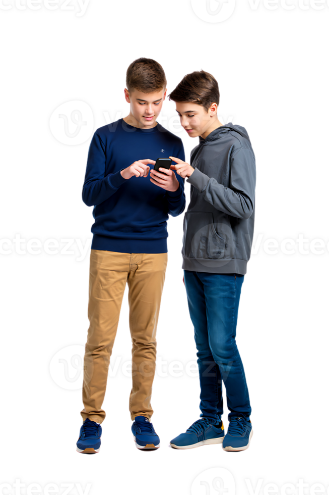 Two teenage boys looking at a smartphone together sharing content against a plain background indoors png
