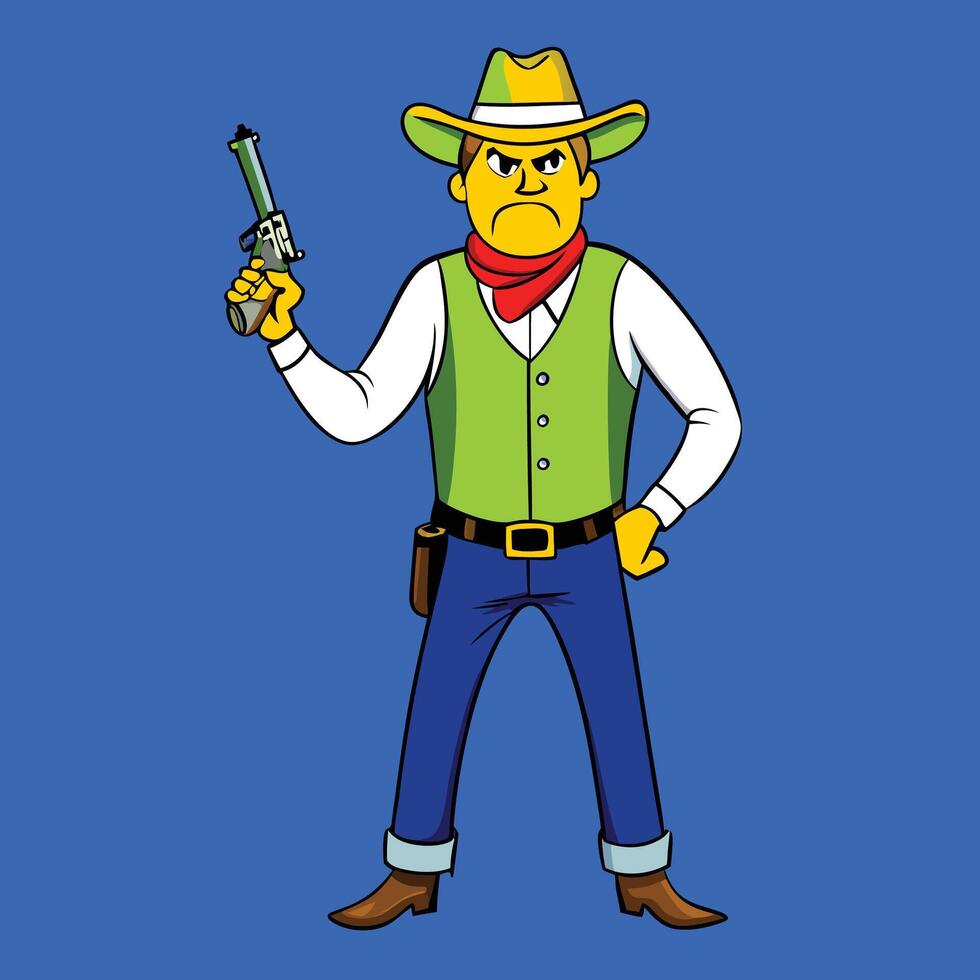 a cartoon man in a cowboy hat and vest holding a gun vector