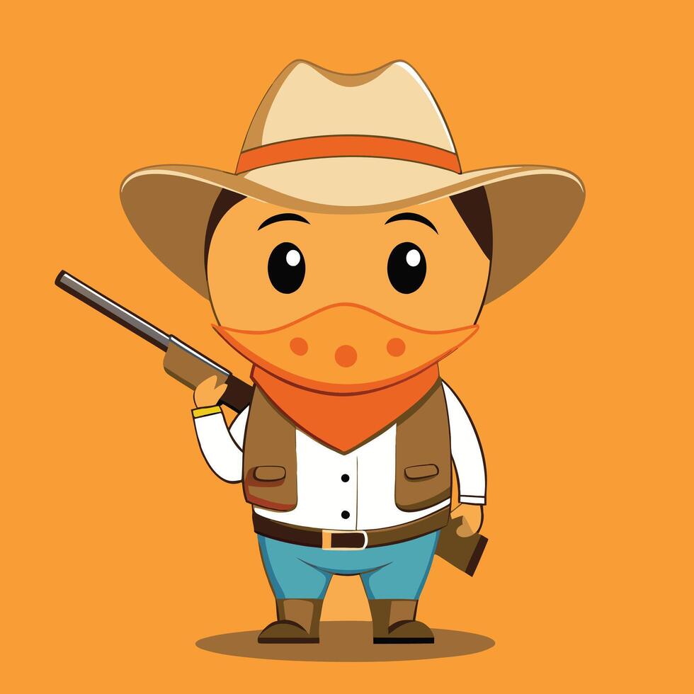 cartoon cowboy with gun and hat on orange background vector
