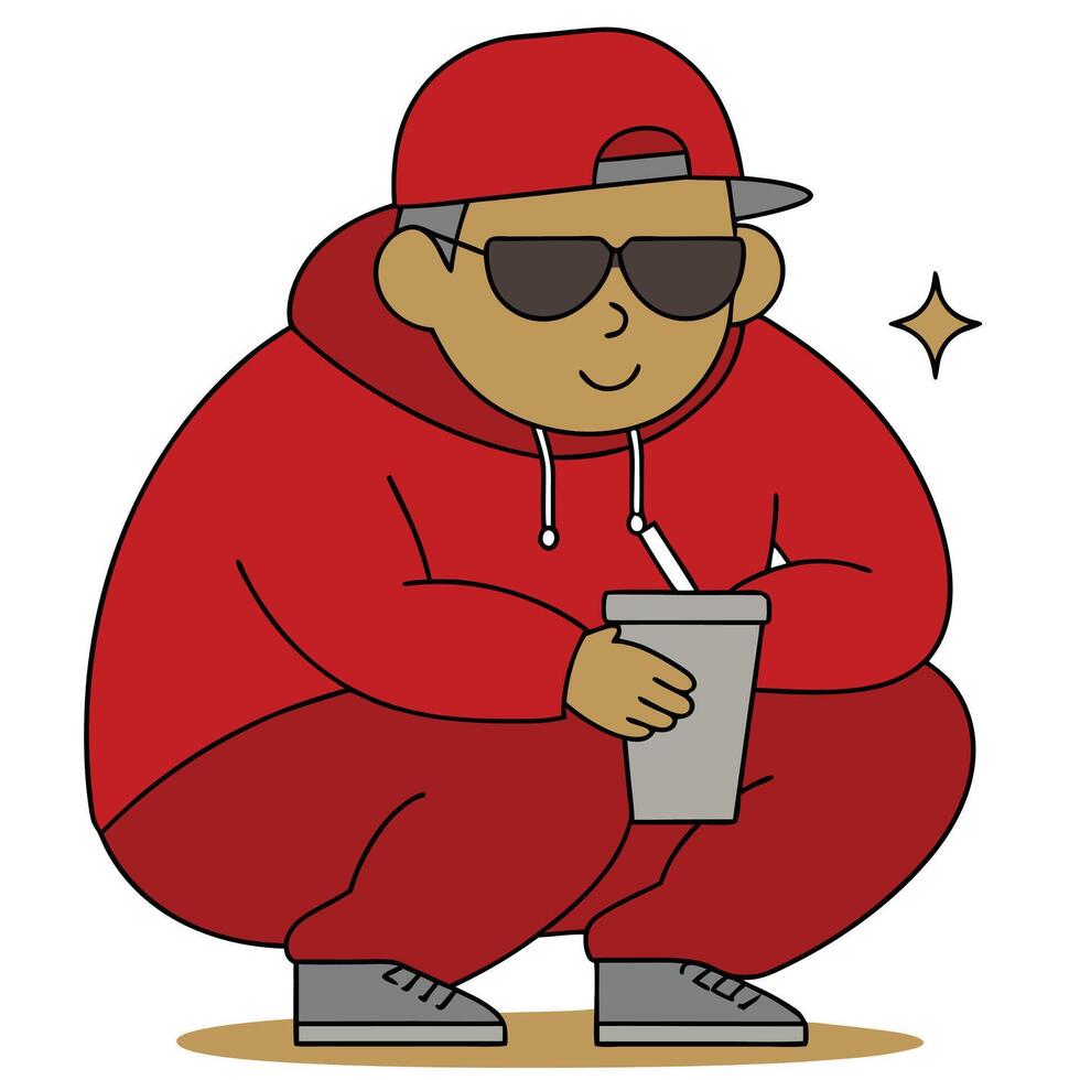 a cartoon man in a red hoodie and sunglasses holding a drink vector