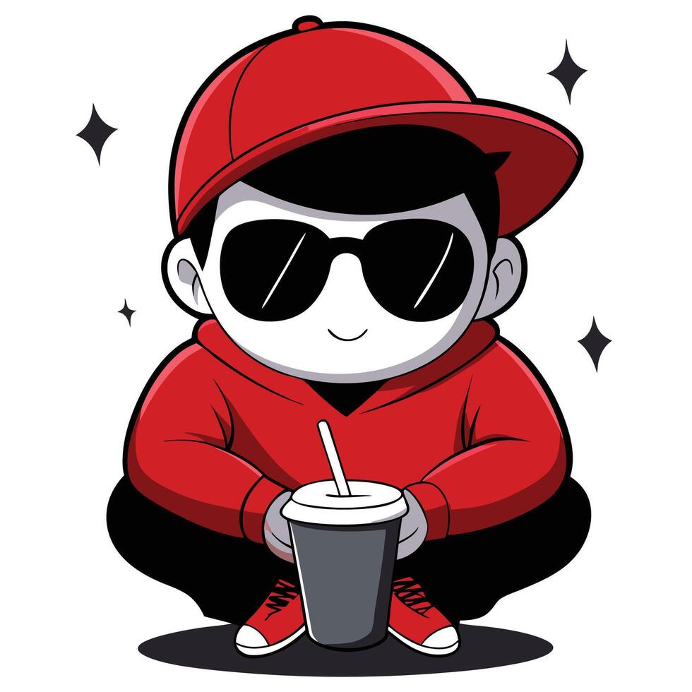 a cartoon boy wearing sunglasses and a red hat sitting down with a drink vector