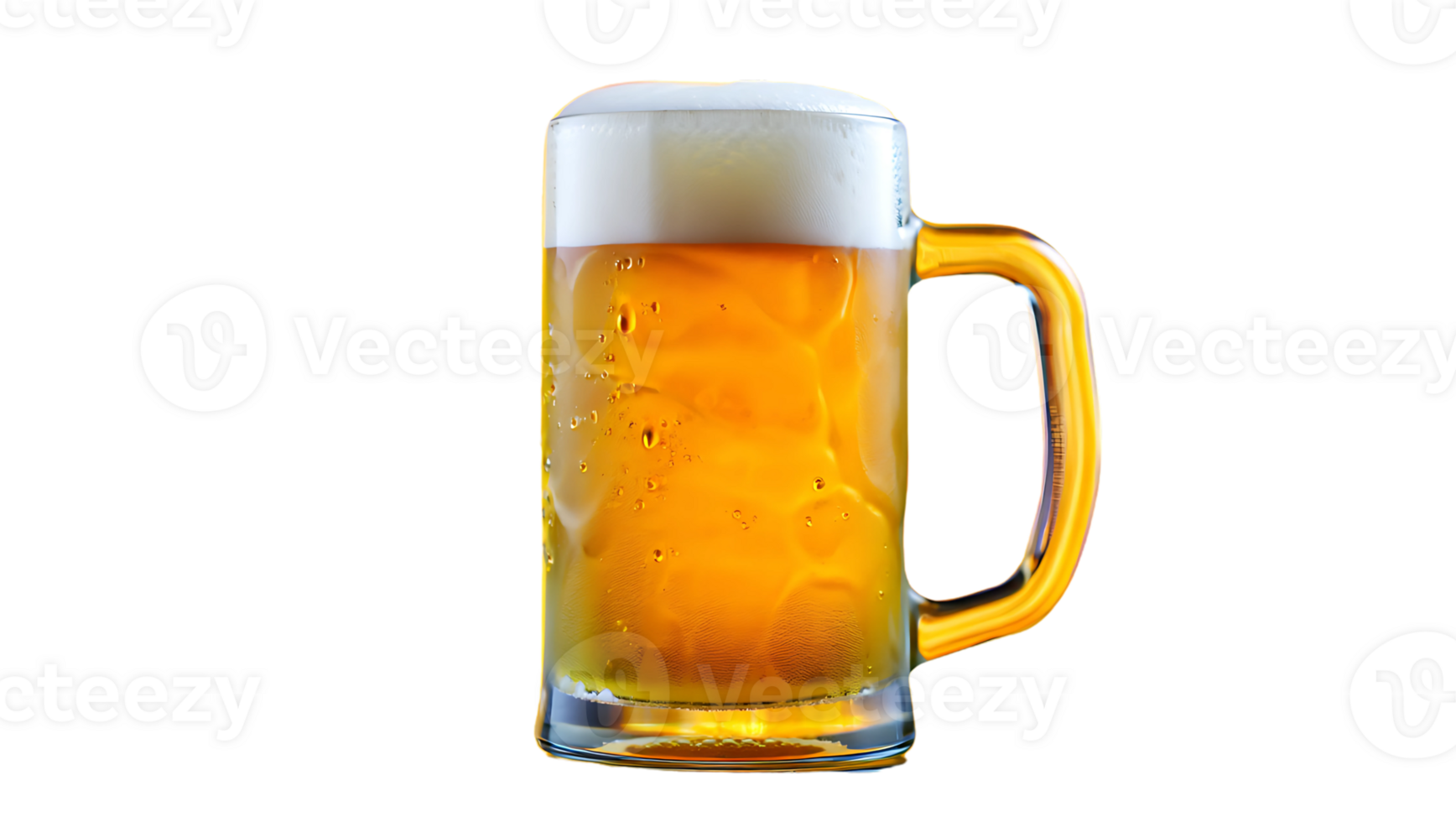 Large glass mug stein filled with cold golden beer and foam head isolated png