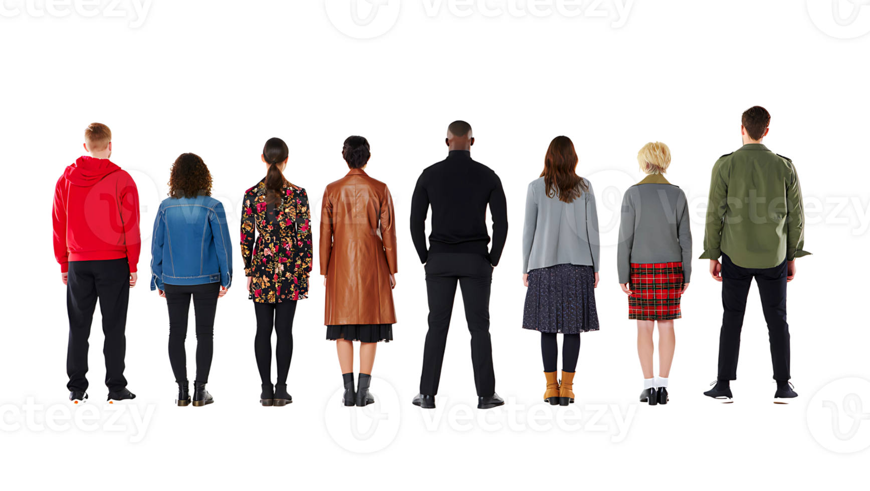 Diverse group of eight people standing in a line facing away from the camera png