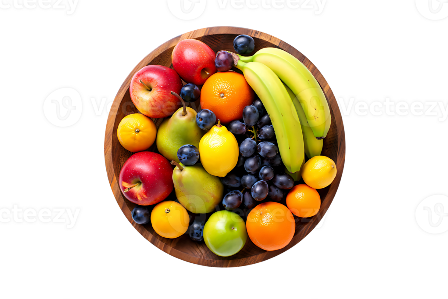A wooden bowl overflowing with a vibrant assortment of fresh fruits including apples bananas grapes oranges png