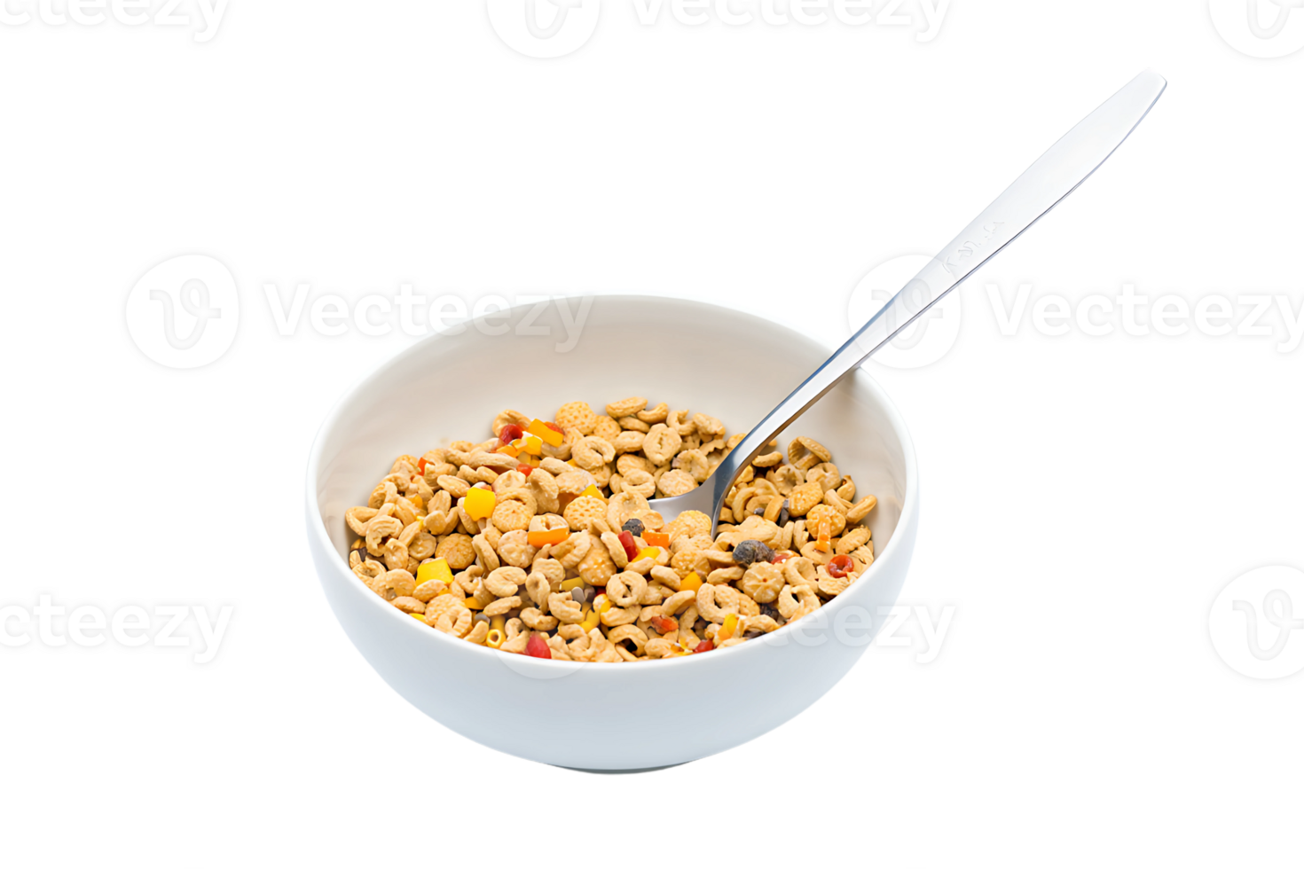 Breakfast Cereal Rings with Colorful Bits in a White Bowl with Spoon Ready to Eat png