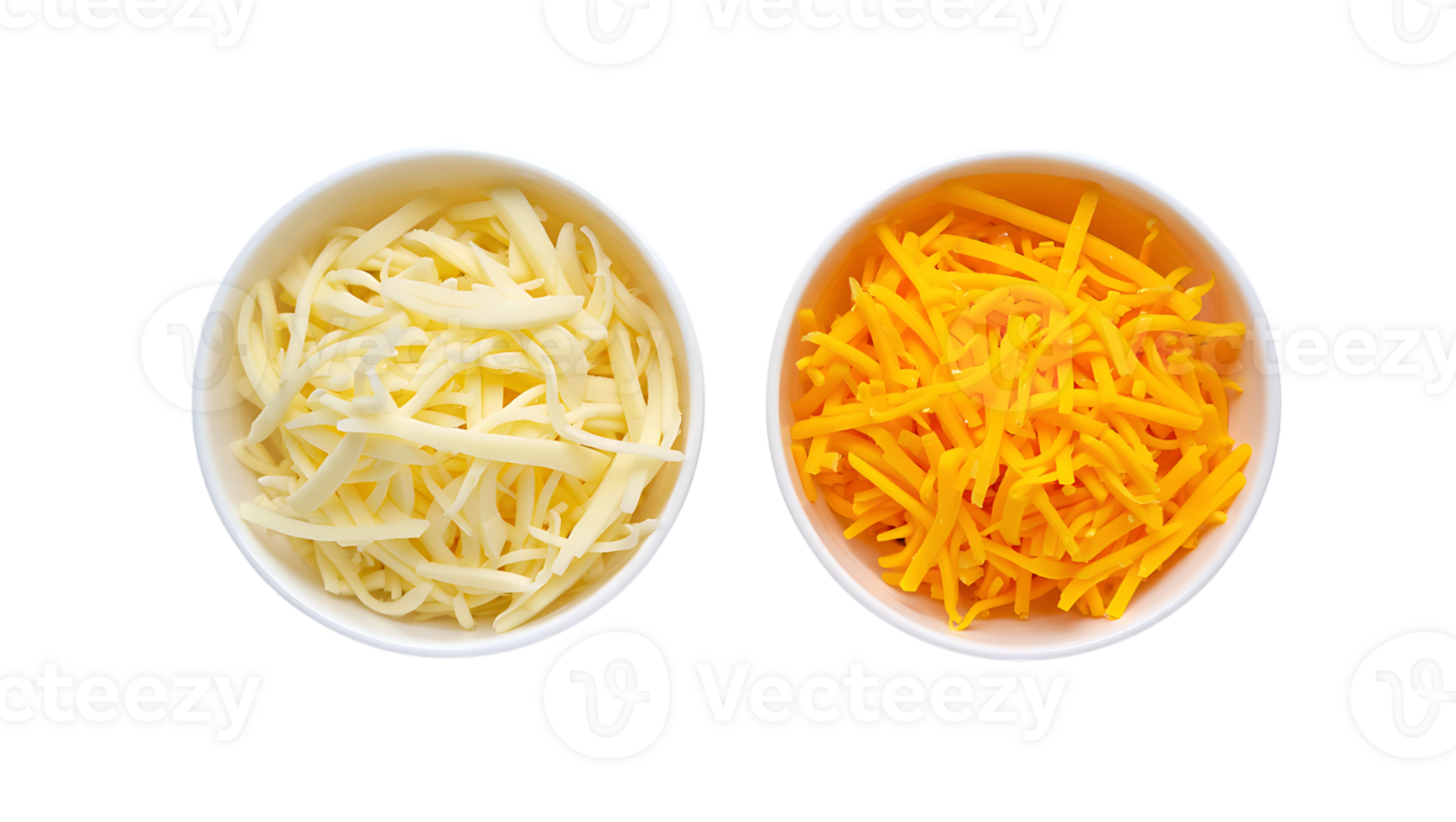 Shredded White Mozzarella and Orange Cheddar Cheese in Separate Bowls Ready for Topping Dishes png