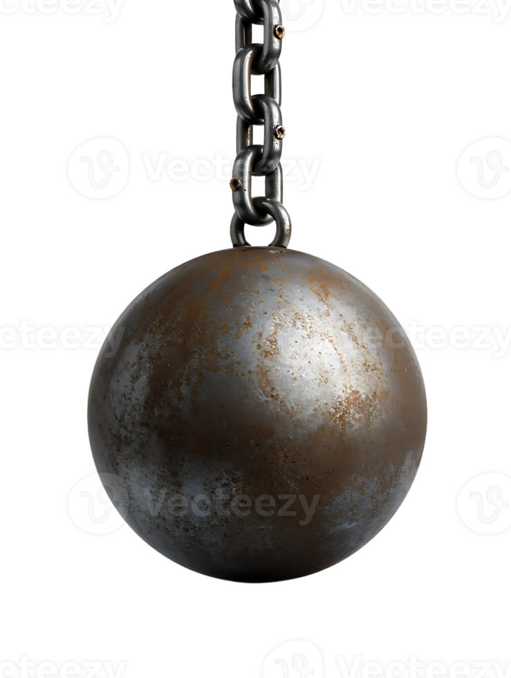 Heavy metal wrecking ball showing rust and wear hanging from thick industrial chain png
