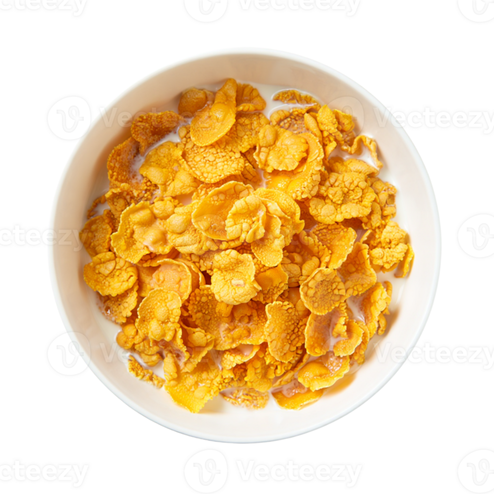 Top view of a classic breakfast bowl filled with golden corn flakes cereal in milk png