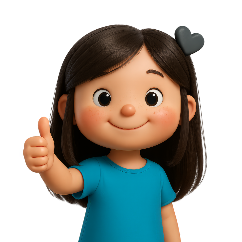 Smiling 3D Cartoon Girl with Thumbs Up Gesture and Black Hair in Blue Shirt, Transparent Background png