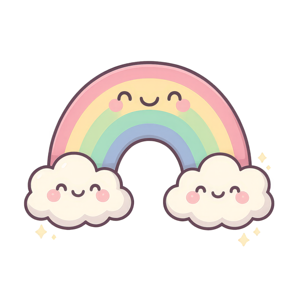 Smiling Rainbow with Fluffy Clouds and Sparkling Stars Kawaii, Transparent Background png