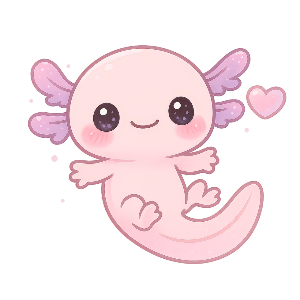 Cute Kawaii Axolotl Character Floating with Heart and Sparkles in Soft Light, Transparent Background png