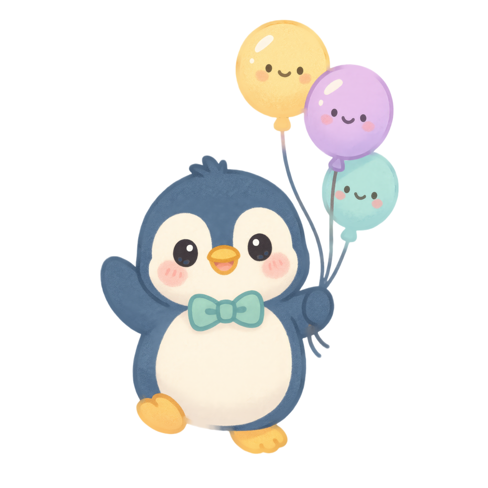 Adorable Kawaii Penguin Character with Colorful Balloons and Bow Tie, Transparent Background png