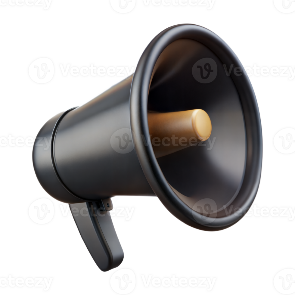 Isolated Black Megaphone 3D Render Public Announcement Communication Tool Loudhailer Voice Amplifier png