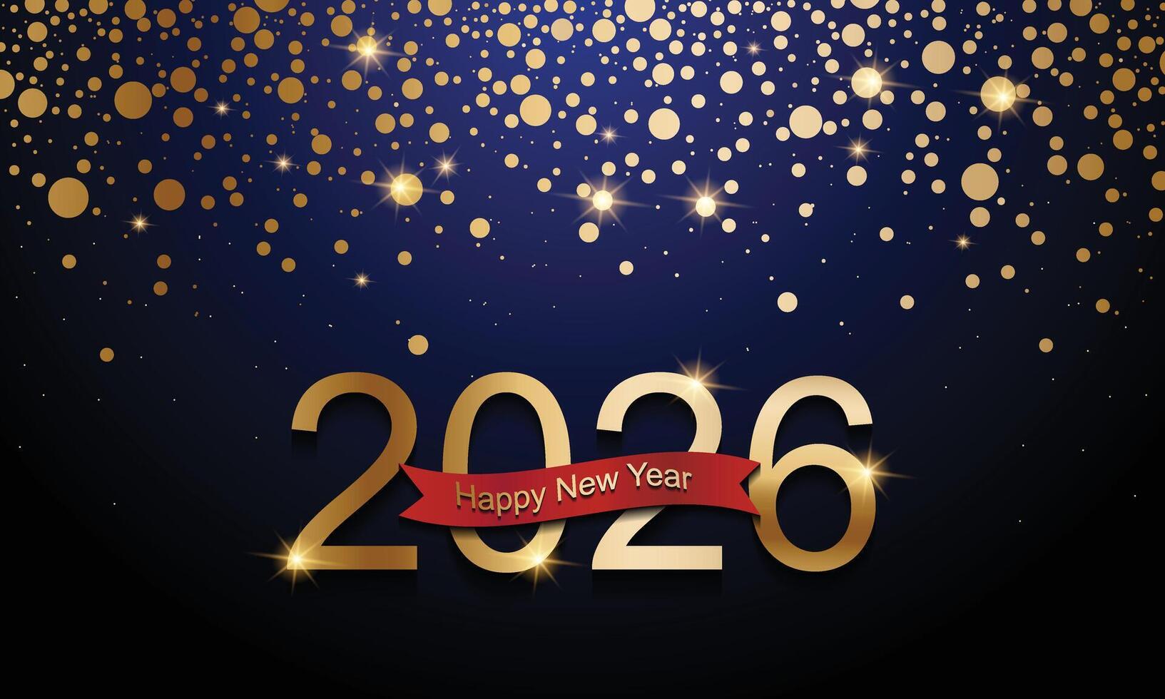 Glittering golden numbers 2026 with sparkling confetti particles scattered around vector