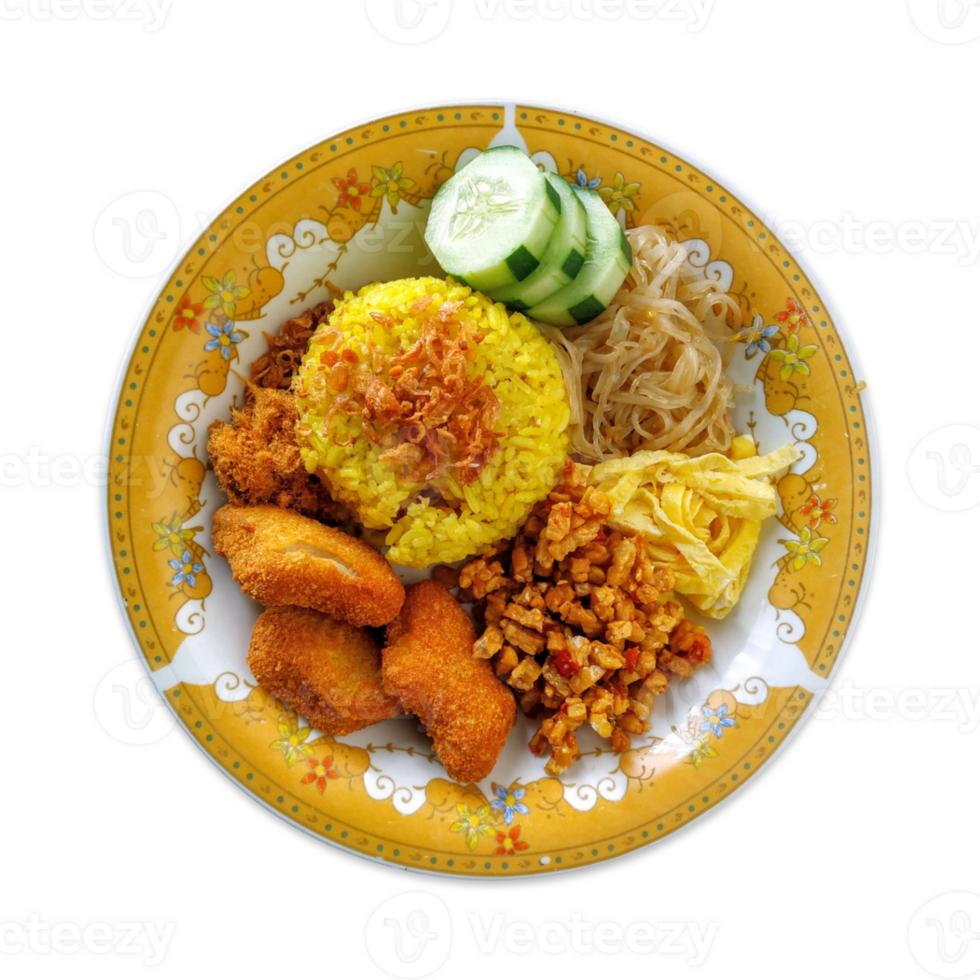 transparent of A plate of Nasi Kuning, a yellow rice dish, with fried chicken, tempeh, noodles, cucumber, and egg. png