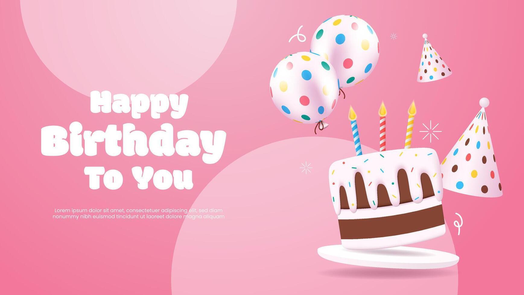 happy birthday card with cake, balloons and hat on blue background vector