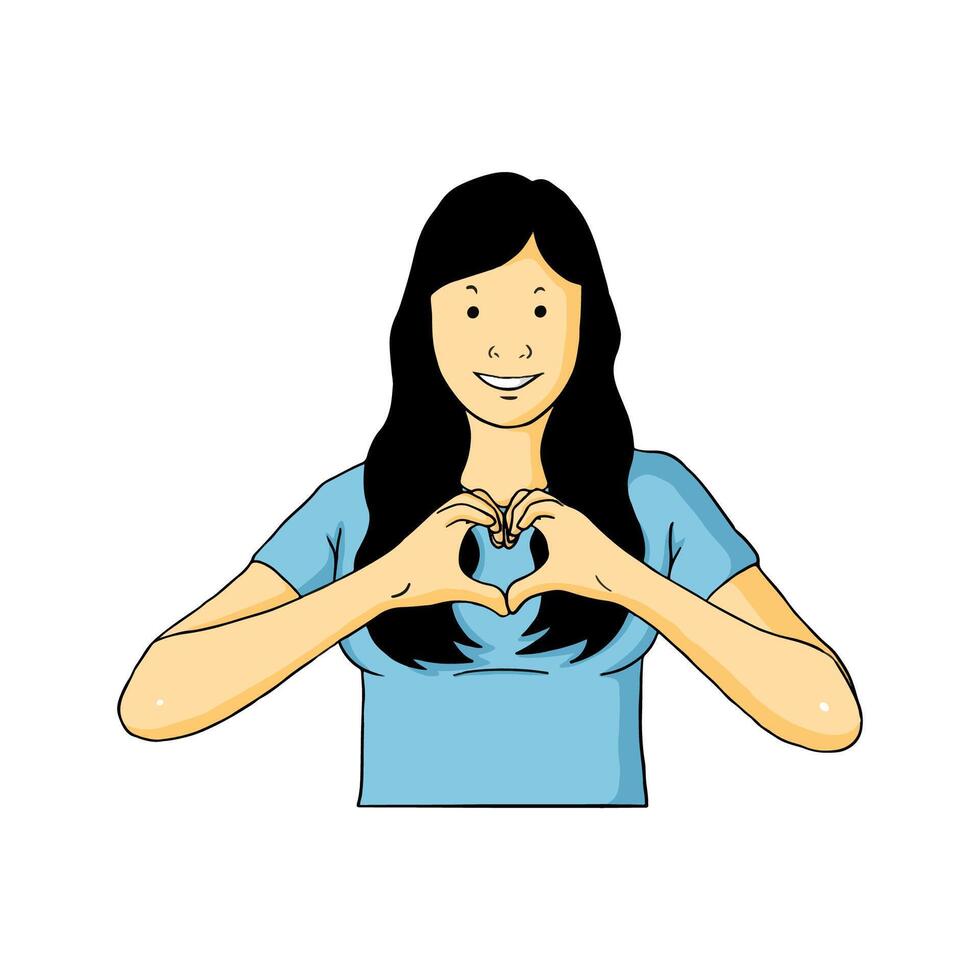 a woman with a smile and her hands forming a heart vector