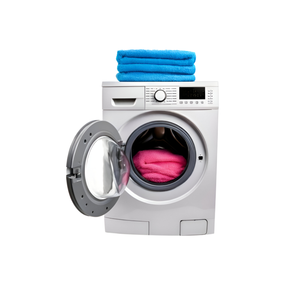 Washing machine with open lid and folded towel on transparent background png