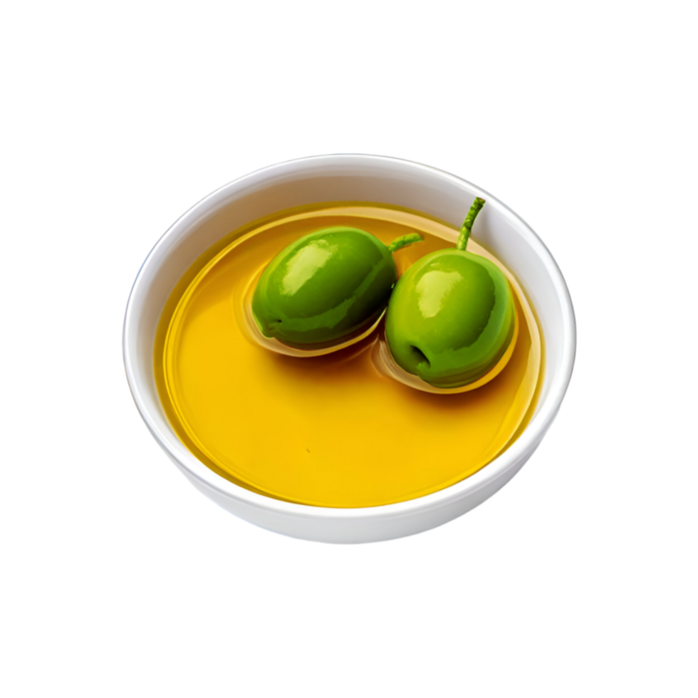 White bowl of olive oil with fresh olive fruit in it on transparent background png