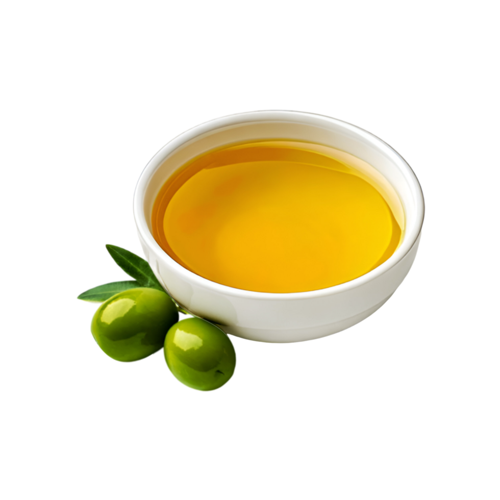 White bowl of olive oil with fresh olive fruit on transparent background png