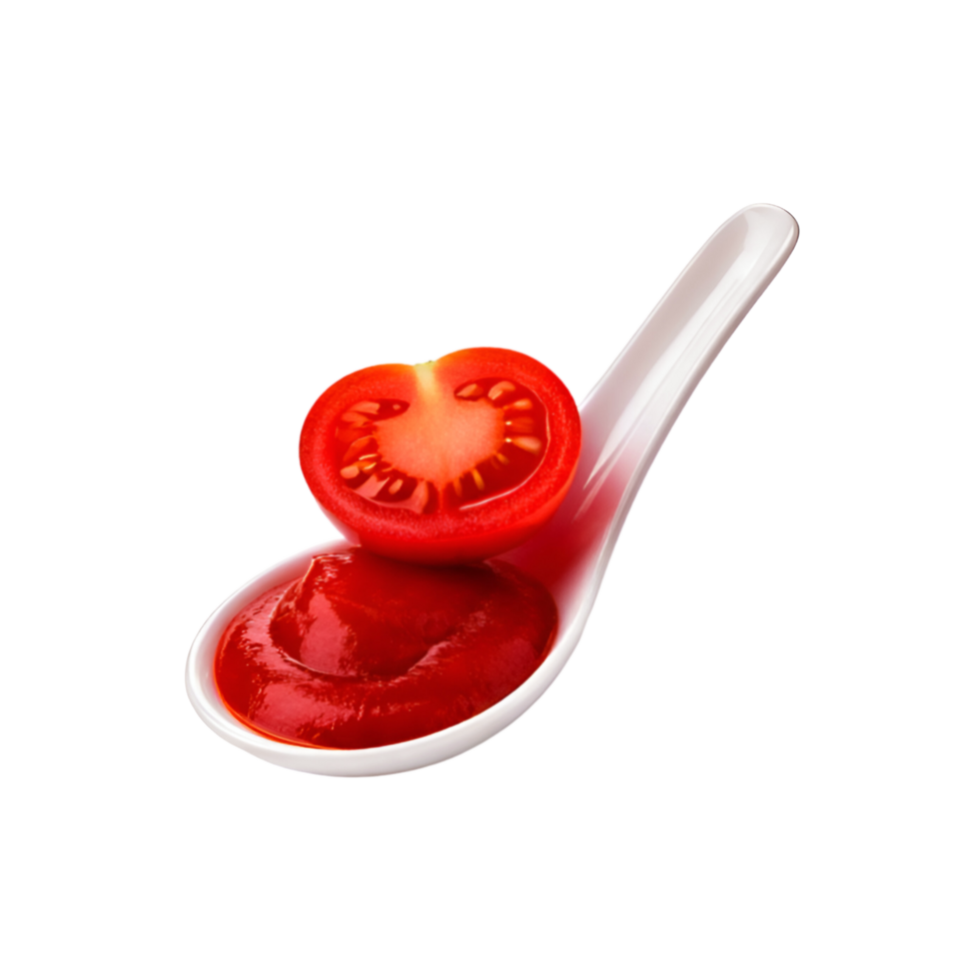 White spoon of fresh tomato ketchup with slice on transparent background png