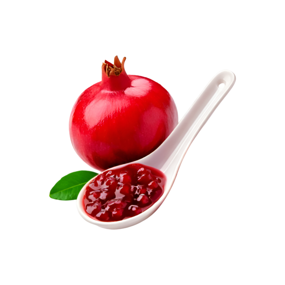 White spoon of pomegranate jam with leaf on transparent background png