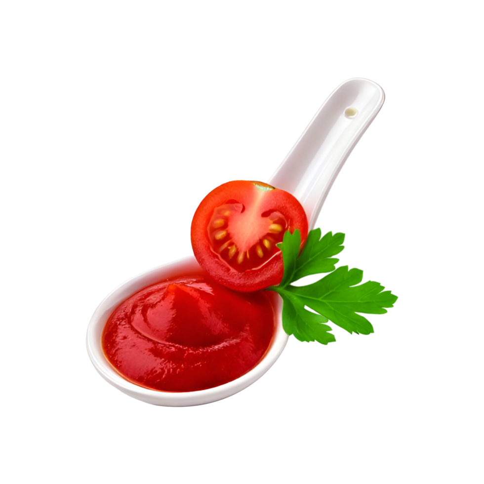 White spoon of tomato ketchup with slice and leaf on transparent background png