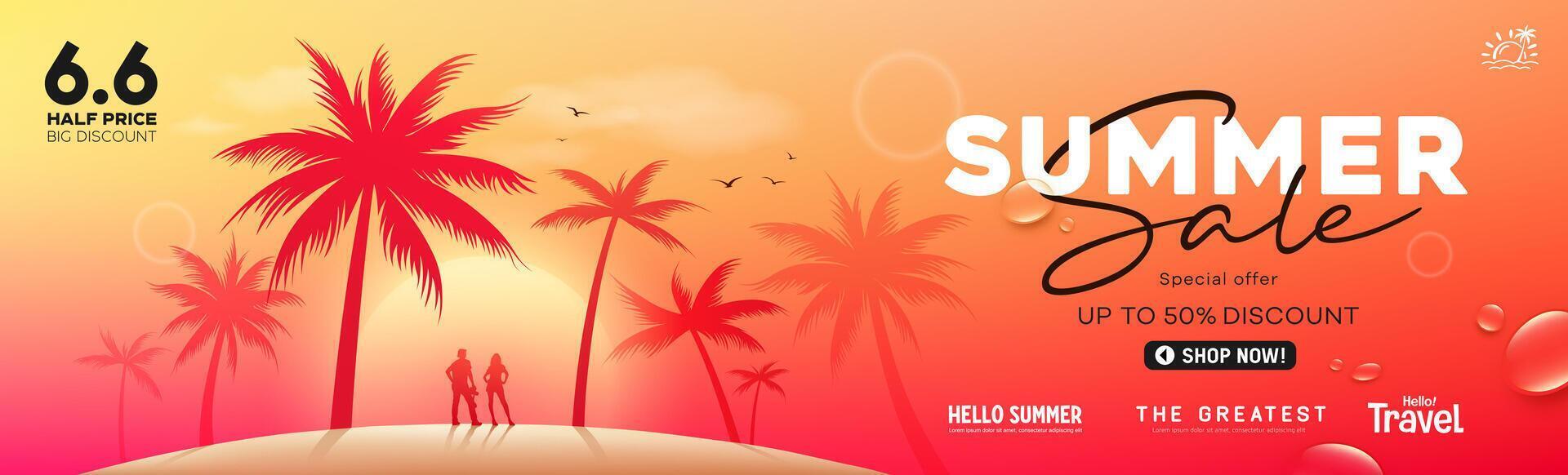 Summer sale, coconut tree silhouette, Man and woman standing on the beach enjoying the view banner on orange background vector