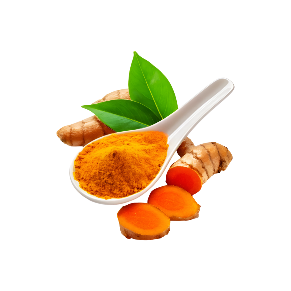 White spoon of turmeric powder with slices on transparent background png