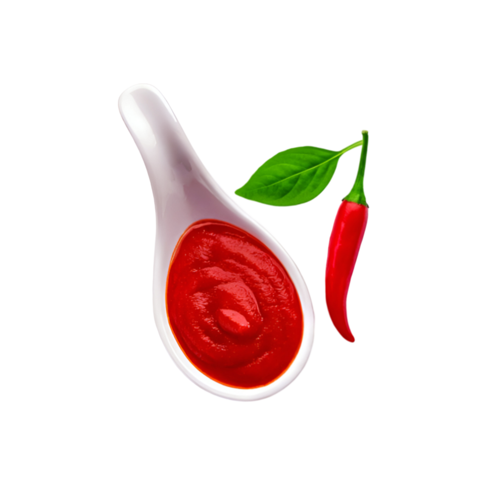 White spoon of red chili sauce on transparent background png