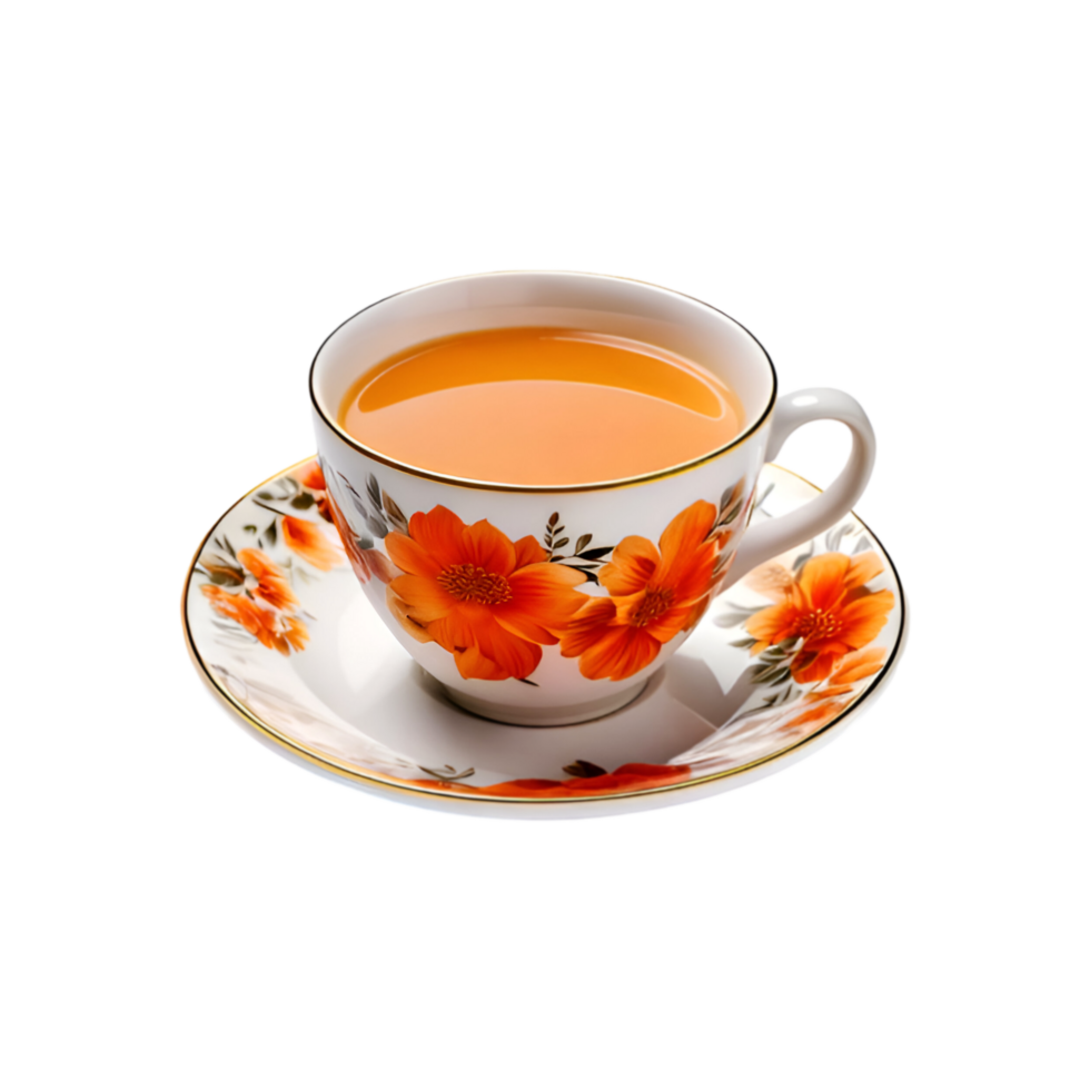 orange floral design cup and plate with milk tea on transparent background png