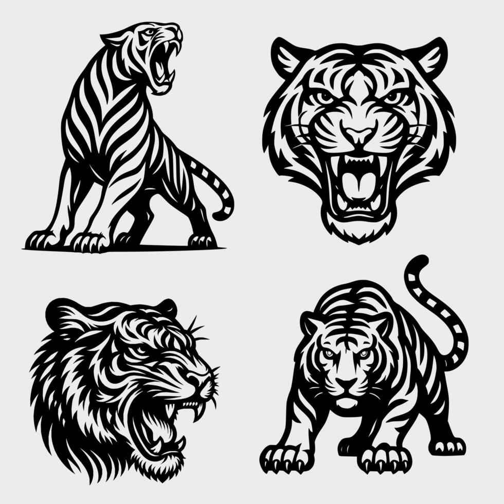 Bold Black and White Tiger Illustrations, Roaring and Prowling Designs vector