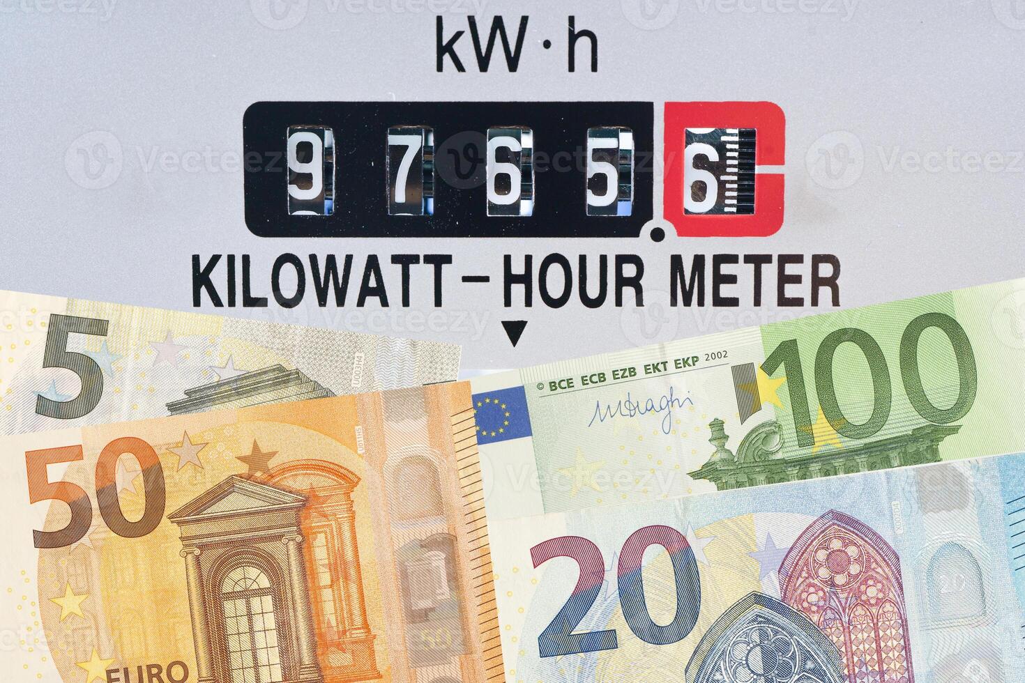 Electricity meter with Euro money energy cost. photo