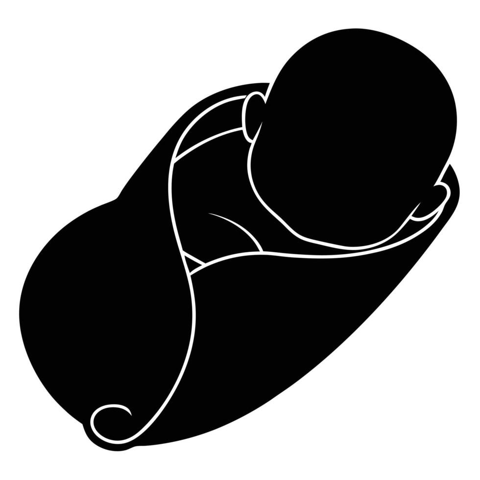 Simple black and white illustration of a newborn baby sleeping peacefully wrapped in a blanket design. vector