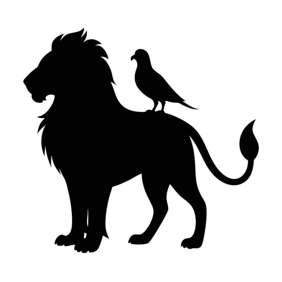 Monochrome Lion with Bird Perched on Back Silhouette vector