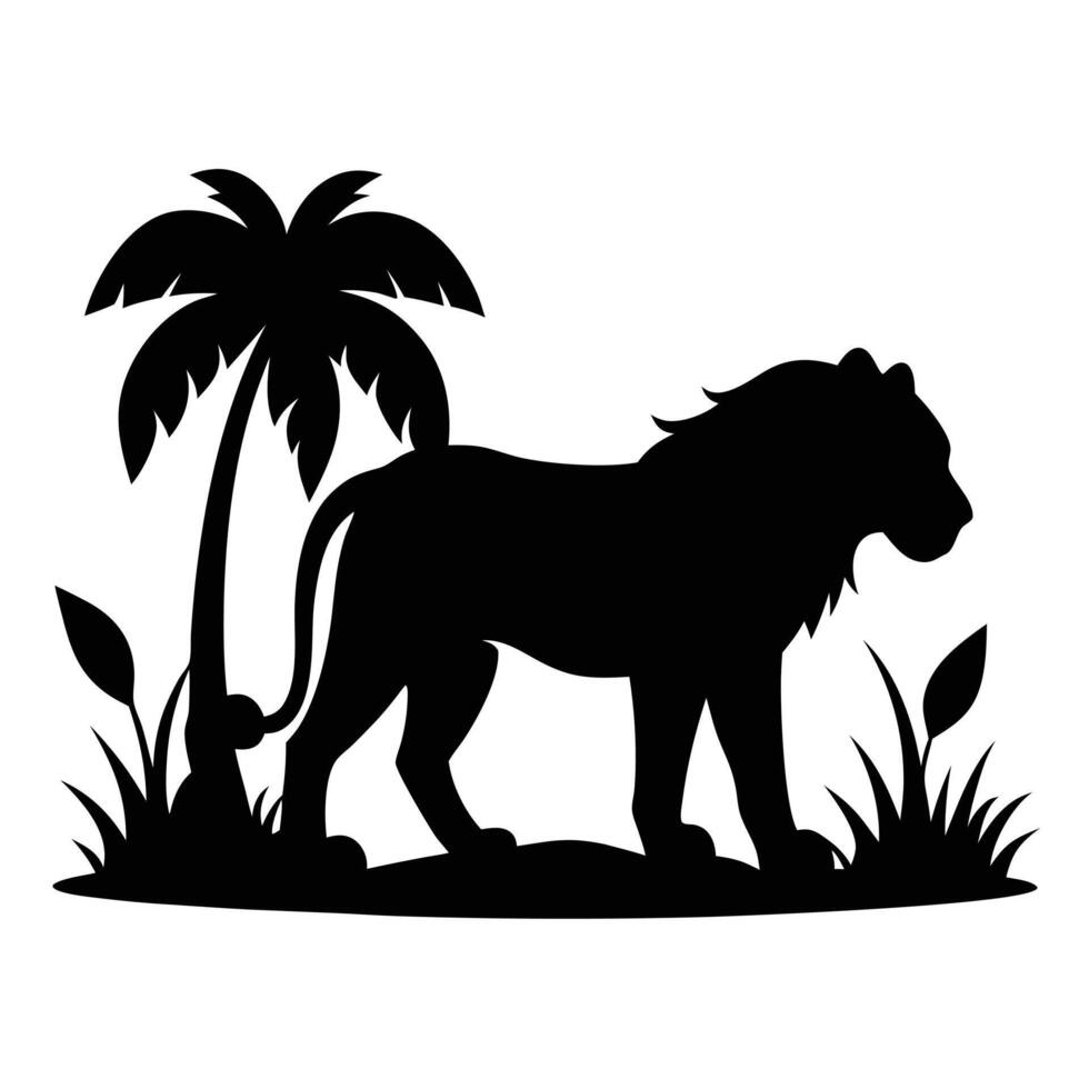 Lion Silhouette Standing Near Palm Tree in Savanna vector