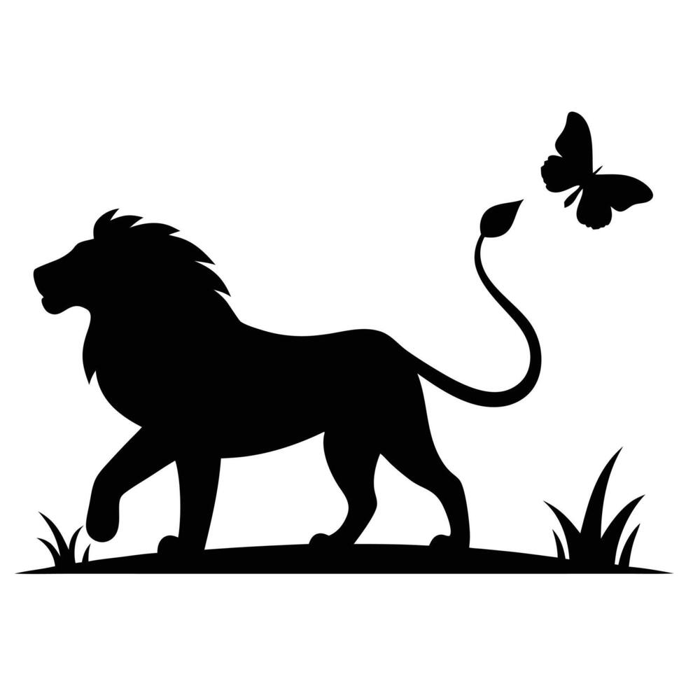 Lion Walking with Butterfly Black and White Silhouette vector