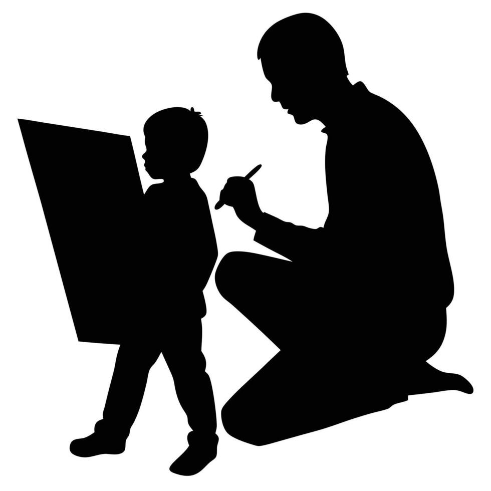 Father and Son Making Art Together in Silhouette vector