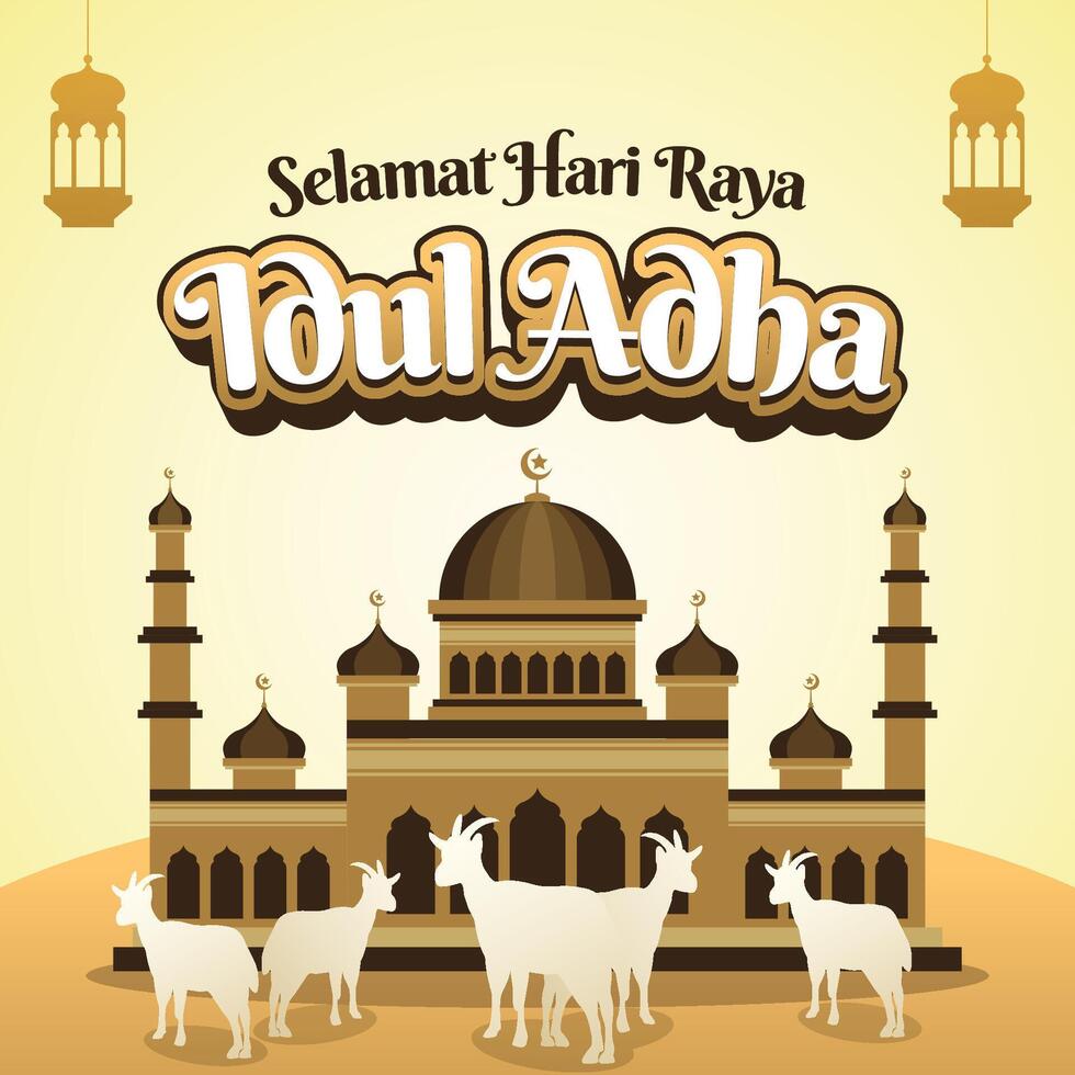 Eid al-Adha Greeting Card with Mosque and Goat Illustration vector