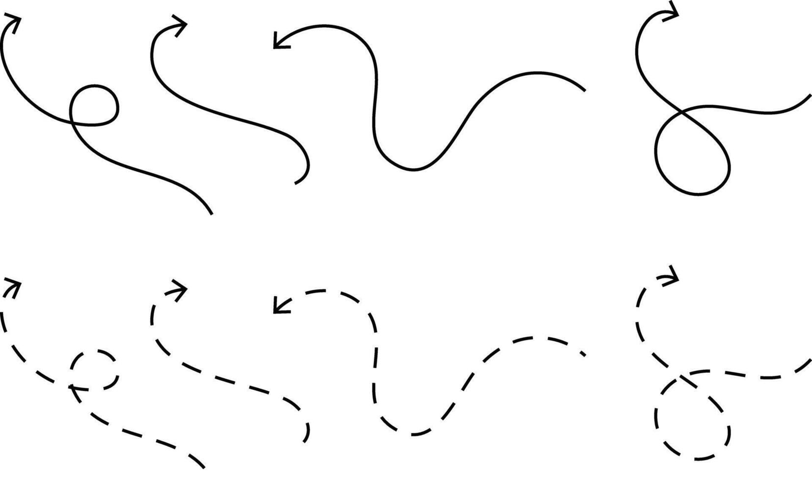 Long dashed hand drawn squiggle. curve dashed arrows design. Hand drawn arrow collection. Curved arrows. exchange icons vector