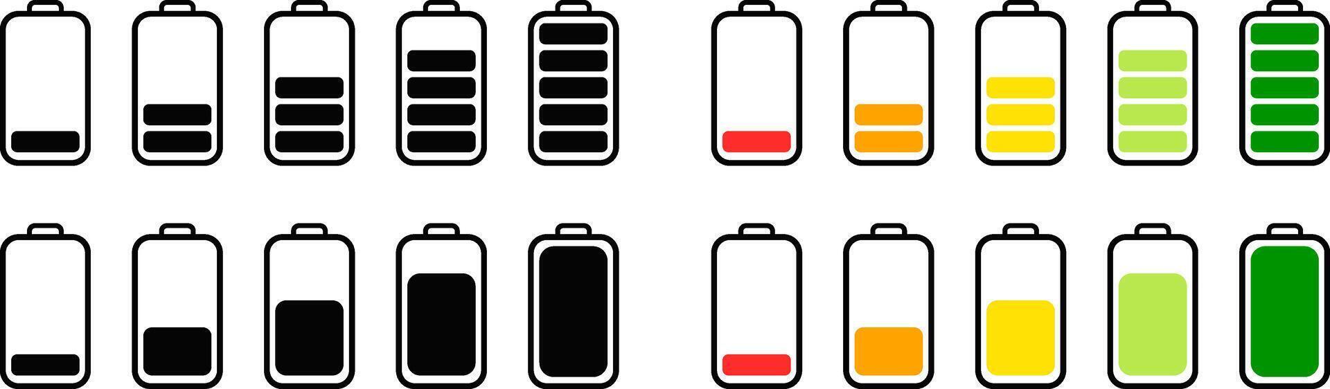 battery charge level icon. low to full level status indicator with charging. Energy power accumulator. UI design battery element vector