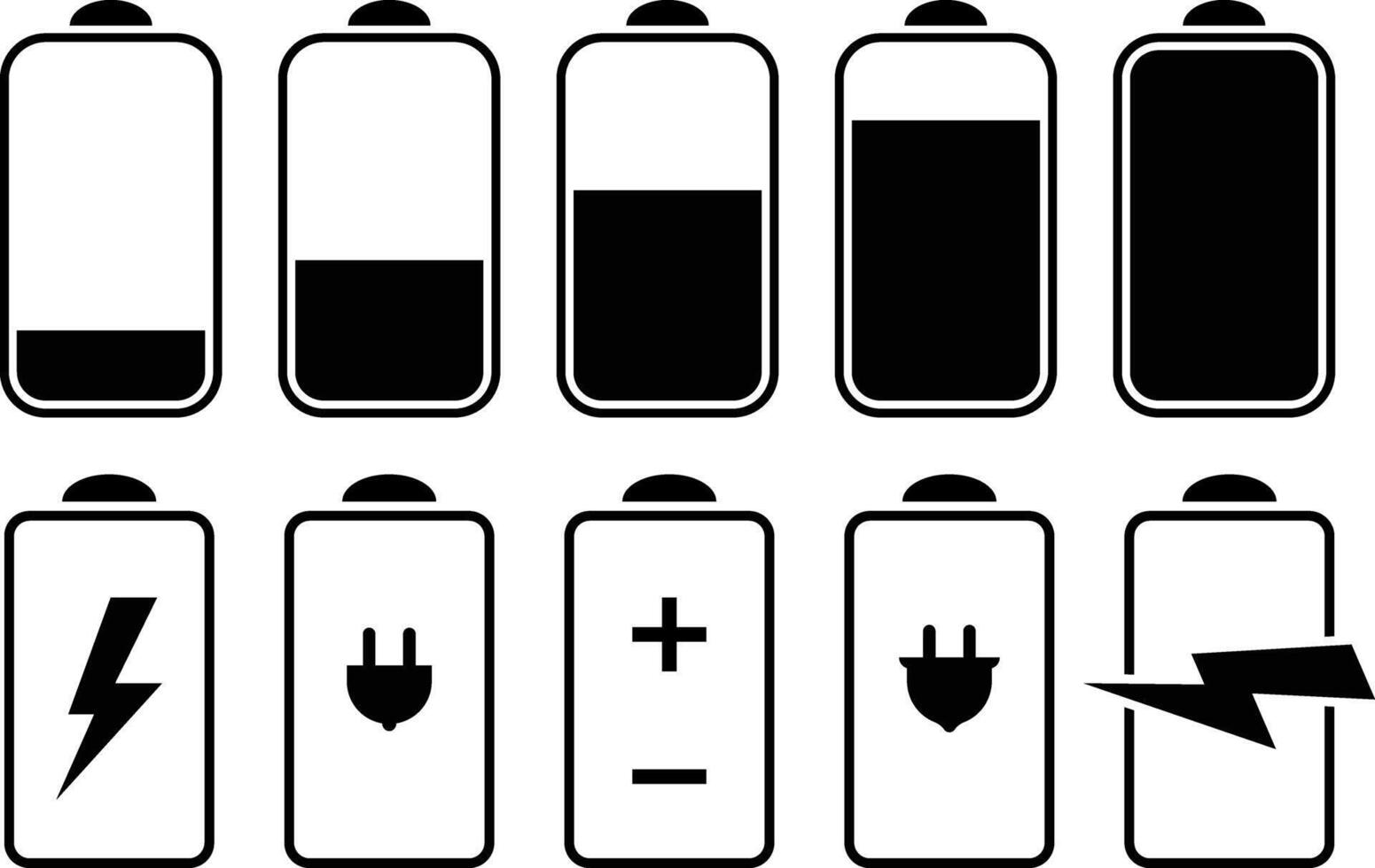 Battery and power icon set. powerfully charged. charge indicator. Energy power accumulator. UI design elements vector